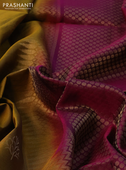 Kanchipuram soft silk saree dark mustard and dark magenta pink with zari woven buttas and zari woven border