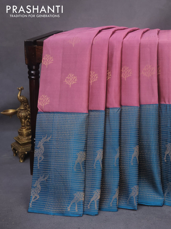 Kanchipuram soft silk saree mauve pink and cs blue with zari woven buttas and zari woven border