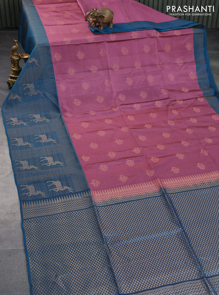 Kanchipuram soft silk saree mauve pink and cs blue with zari woven buttas and zari woven border