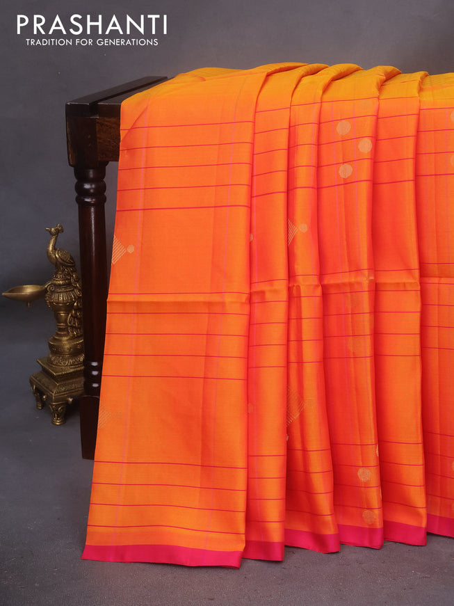 Kanchipuram soft silk saree mango yellow and dual shade of pink with allover checked pattern & zari buttas and simple border