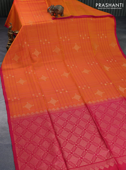 Kanchipuram soft silk saree mango yellow and dual shade of pink with allover checked pattern & zari buttas and simple border