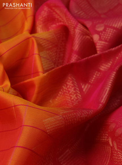 Kanchipuram soft silk saree mango yellow and dual shade of pink with allover checked pattern & zari buttas and simple border