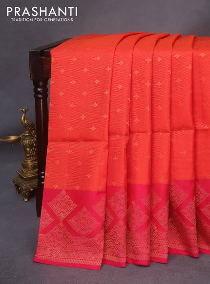 Kanchipuram soft silk saree orange and pink with allover zari woven brocade weaves and zari woven border