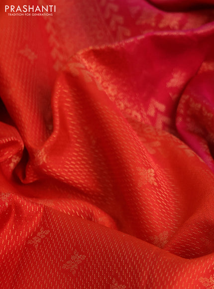 Kanchipuram soft silk saree orange and pink with allover zari woven brocade weaves and zari woven border