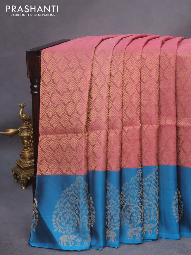 Kanchipuram soft silk saree mauve pink and cs blue with allover zari woven brocade weaves and zari woven butta border