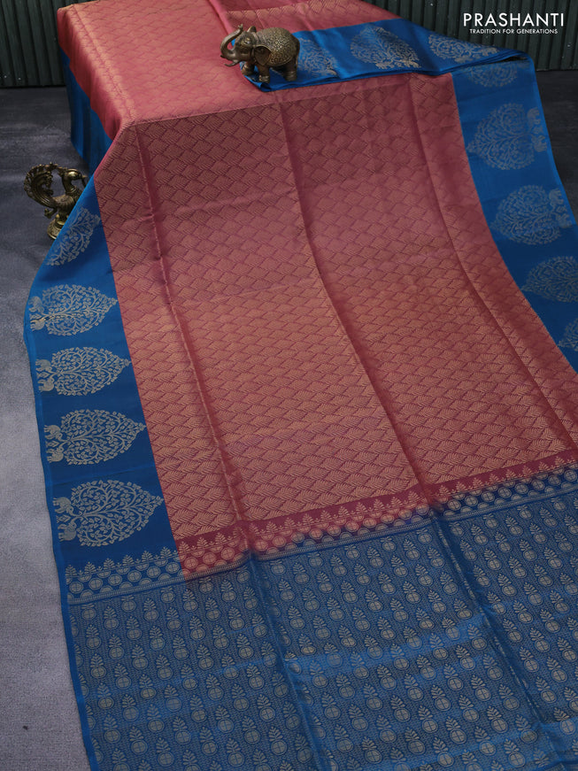 Kanchipuram soft silk saree mauve pink and cs blue with allover zari woven brocade weaves and zari woven butta border