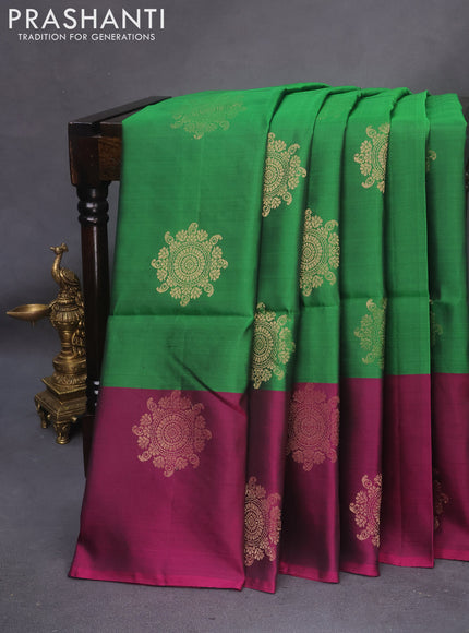 Kanchipuram soft silk saree green and dark magenta pink with zari woven buttas and zari woven butta border