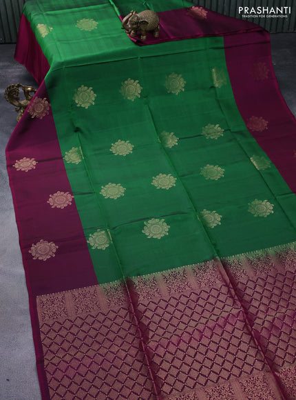 Kanchipuram soft silk saree green and dark magenta pink with zari woven buttas and zari woven butta border