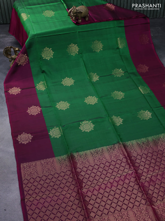 Kanchipuram soft silk saree green and dark magenta pink with zari woven buttas and zari woven butta border