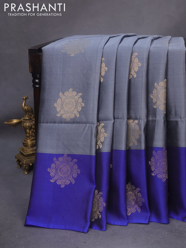 Kanchipuram soft silk saree grey and blue with zari woven buttas and zari woven butta border