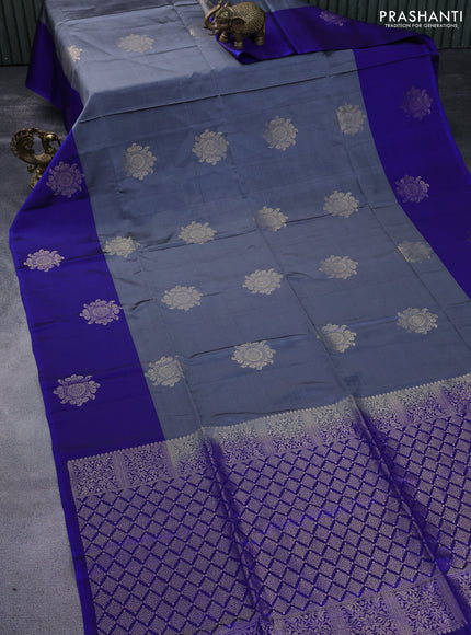 Kanchipuram soft silk saree grey and blue with zari woven buttas and zari woven butta border