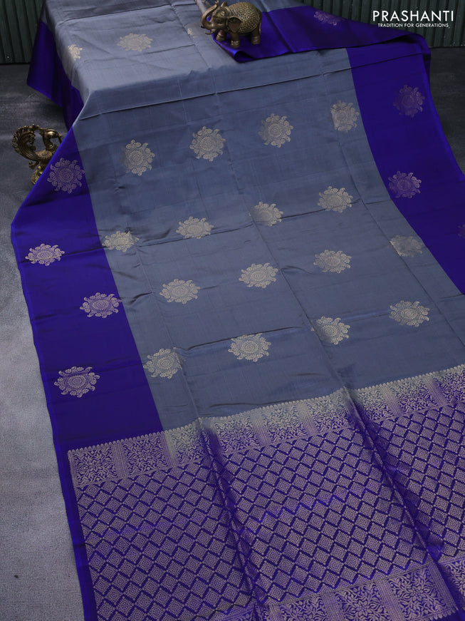 Kanchipuram soft silk saree grey and blue with zari woven buttas and zari woven butta border