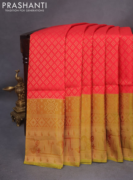 Kanchipuram soft silk saree red and greenish red with allover zari woven brocade weaves and zari woven border