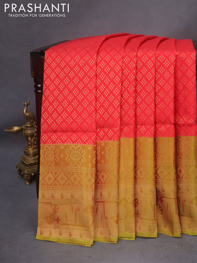 Kanchipuram soft silk saree red and greenish red with allover zari woven brocade weaves and zari woven border