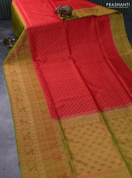 Kanchipuram soft silk saree red and greenish red with allover zari woven brocade weaves and zari woven border