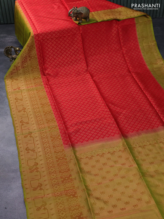 Kanchipuram soft silk saree red and greenish red with allover zari woven brocade weaves and zari woven border