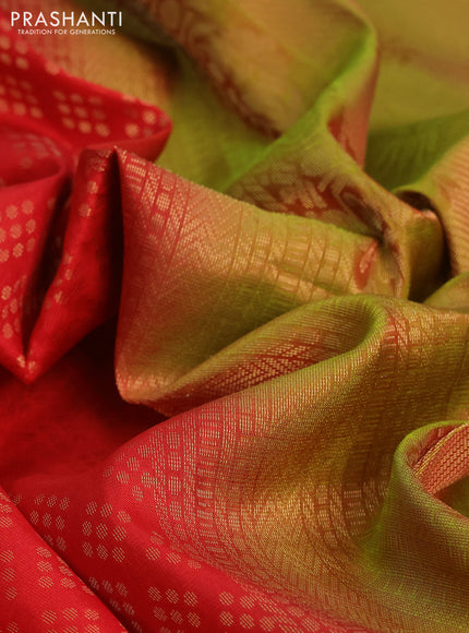 Kanchipuram soft silk saree red and greenish red with allover zari woven brocade weaves and zari woven border