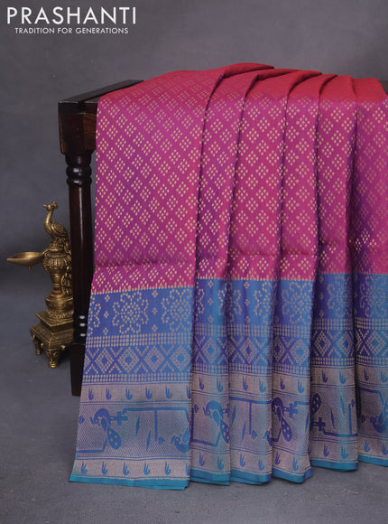 Kanchipuram soft silk saree dual shade of maroon and teal blue with allover zari woven brocade weaves and zari woven border