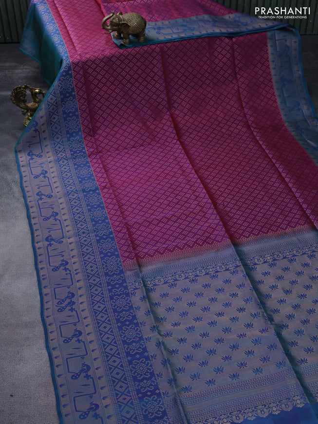 Kanchipuram soft silk saree dual shade of maroon and teal blue with allover zari woven brocade weaves and zari woven border