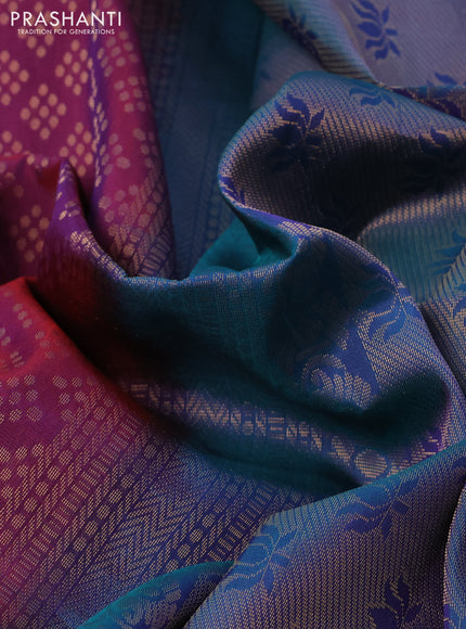 Kanchipuram soft silk saree dual shade of maroon and teal blue with allover zari woven brocade weaves and zari woven border