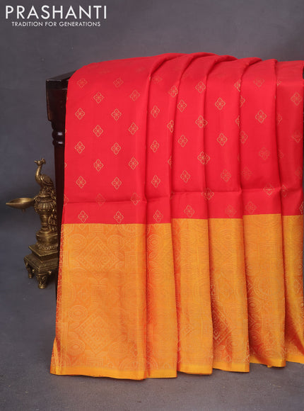 Kanchipuram soft silk saree red and dual shade of yellow with zari woven buttas and zari woven border