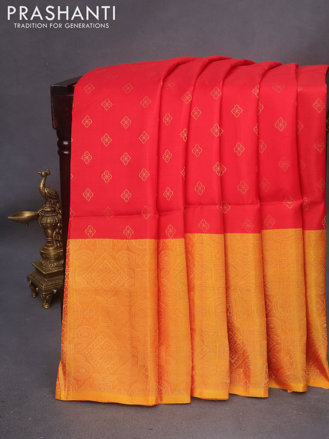 Kanchipuram soft silk saree red and dual shade of yellow with zari woven buttas and zari woven border