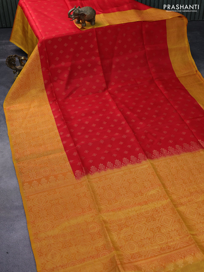 Kanchipuram soft silk saree red and dual shade of yellow with zari woven buttas and zari woven border