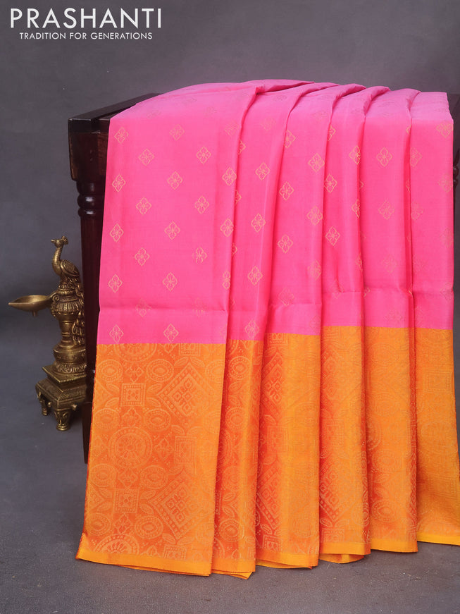 Kanchipuram soft silk saree pink and dual shade of yellow with zari woven buttas and zari woven border