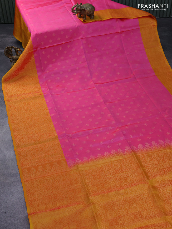 Kanchipuram soft silk saree pink and dual shade of yellow with zari woven buttas and zari woven border