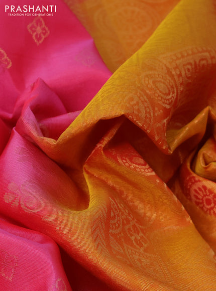 Kanchipuram soft silk saree pink and dual shade of yellow with zari woven buttas and zari woven border