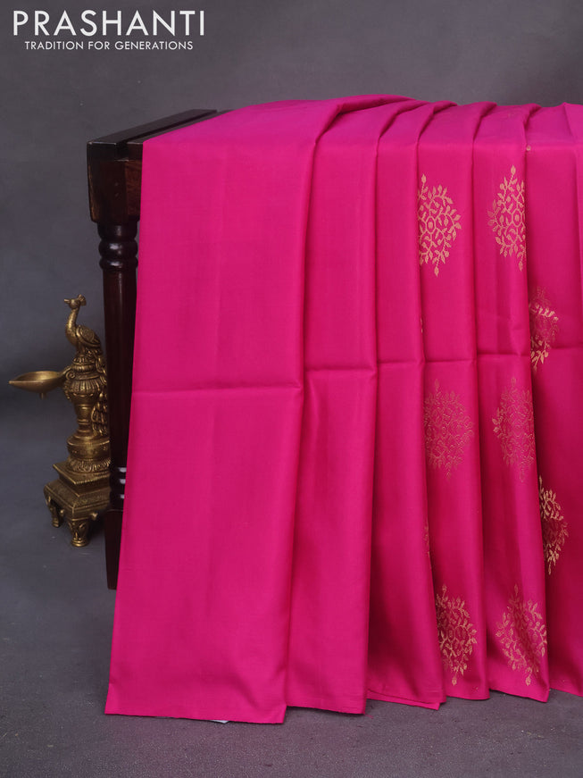 Kanchipuram soft silk saree pink and grey with zari woven buttas in borderless style