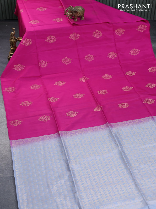 Kanchipuram soft silk saree pink and grey with zari woven buttas in borderless style