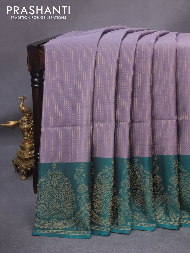 Kanchipuram soft silk saree grey and peacock green with allover zari weaves and zari woven border