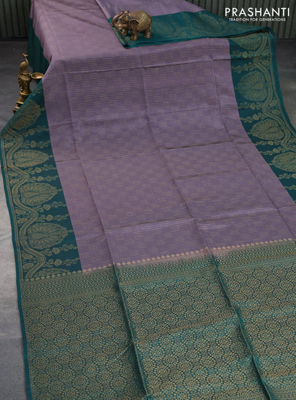 Kanchipuram soft silk saree grey and peacock green with allover zari weaves and zari woven border