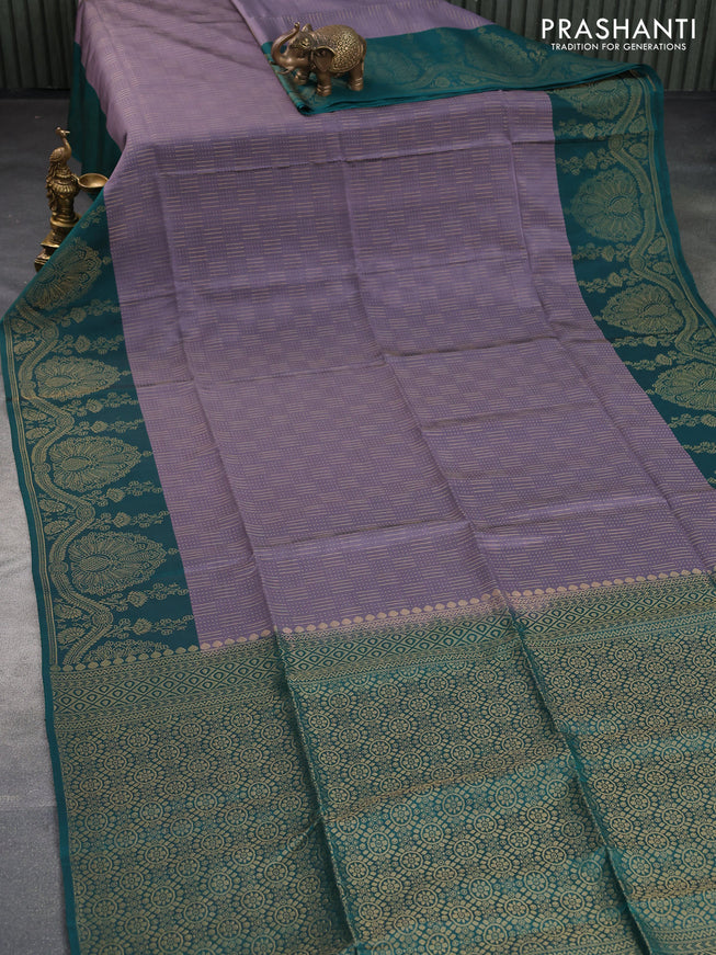 Kanchipuram soft silk saree grey and peacock green with allover zari weaves and zari woven border