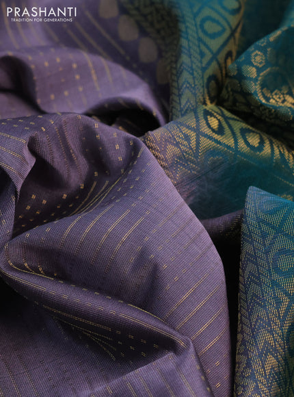 Kanchipuram soft silk saree grey and peacock green with allover zari weaves and zari woven border