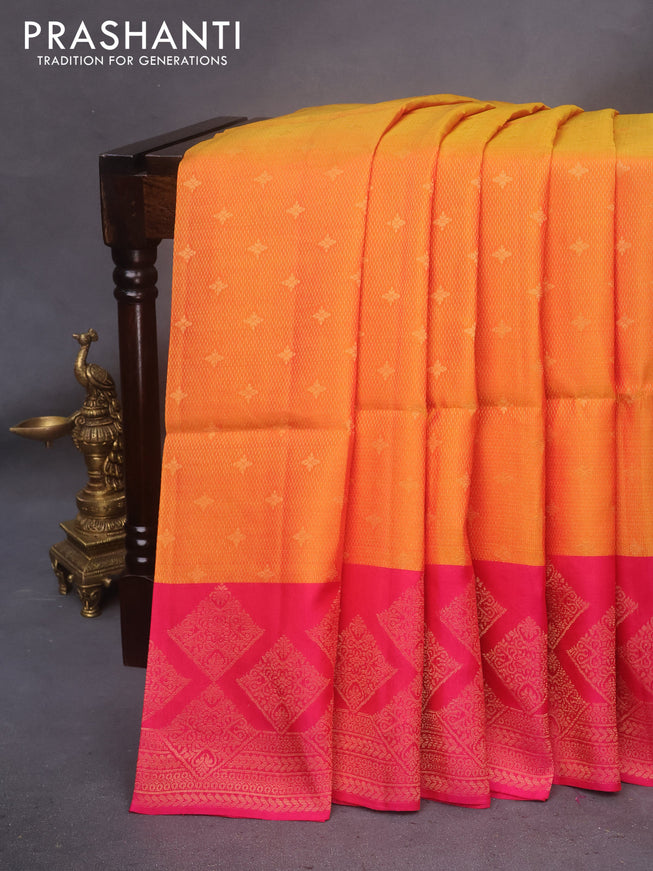 Kanchipuram soft silk saree dual shade of mustard and pink with allover zari weaves and zari woven border