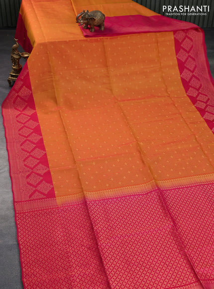 Kanchipuram soft silk saree dual shade of mustard and pink with allover zari weaves and zari woven border