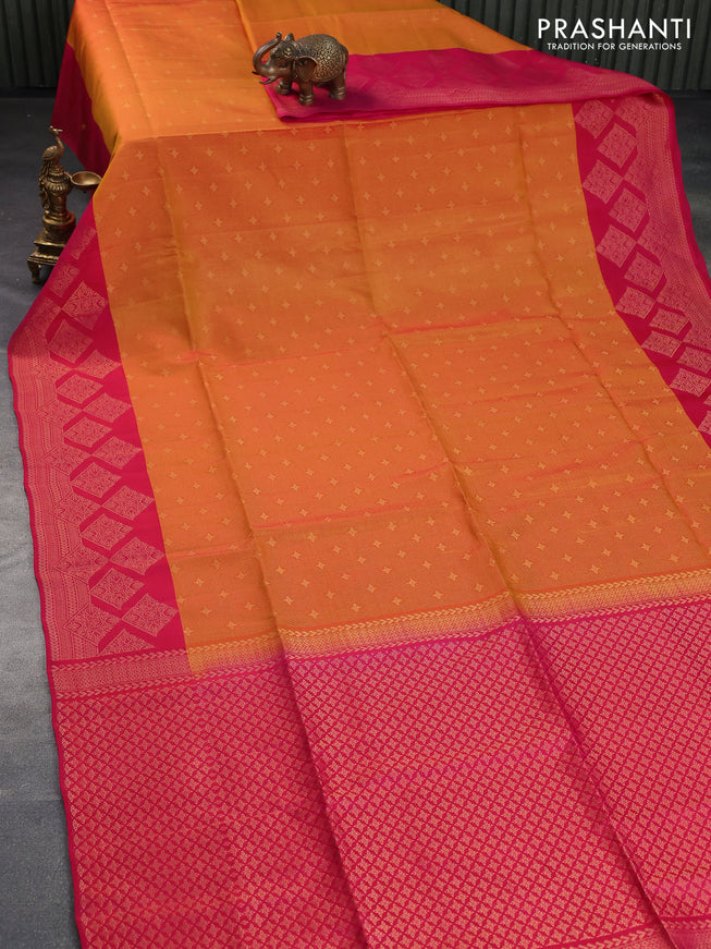 Kanchipuram soft silk saree dual shade of mustard and pink with allover zari weaves and zari woven border