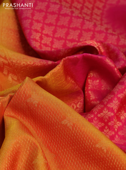 Kanchipuram soft silk saree dual shade of mustard and pink with allover zari weaves and zari woven border