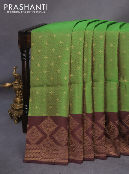 Kanchipuram soft silk saree light green and brown with allover zari weaves and zari woven border