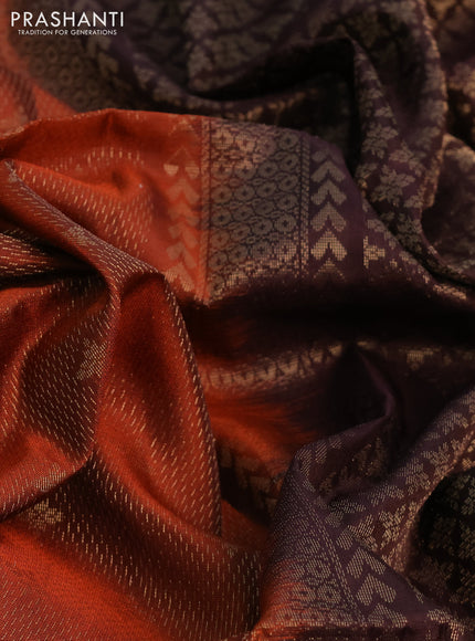 Kanchipuram soft silk saree rust shade and brown with allover zari weaves and zari woven border