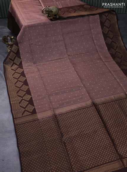 Kanchipuram soft silk saree brown shade with allover zari weaves and zari woven border