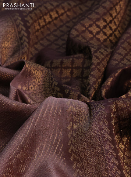 Kanchipuram soft silk saree brown shade with allover zari weaves and zari woven border