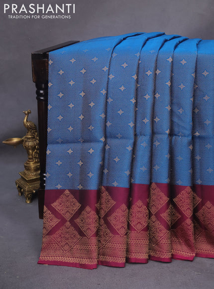 Kanchipuram soft silk saree cs blue and dark magenta pink with allover zari weaves and zari woven border