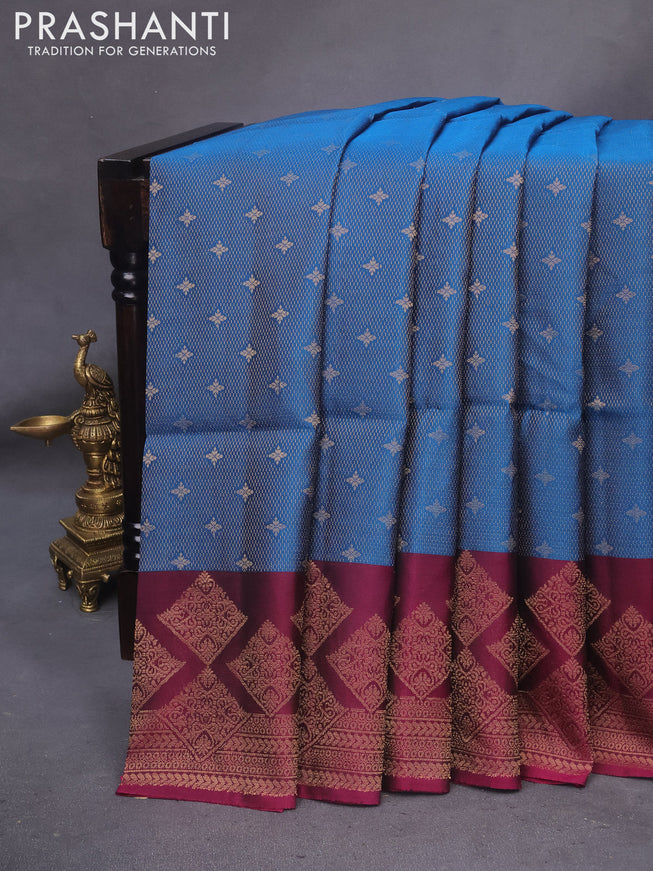 Kanchipuram soft silk saree cs blue and dark magenta pink with allover zari weaves and zari woven border