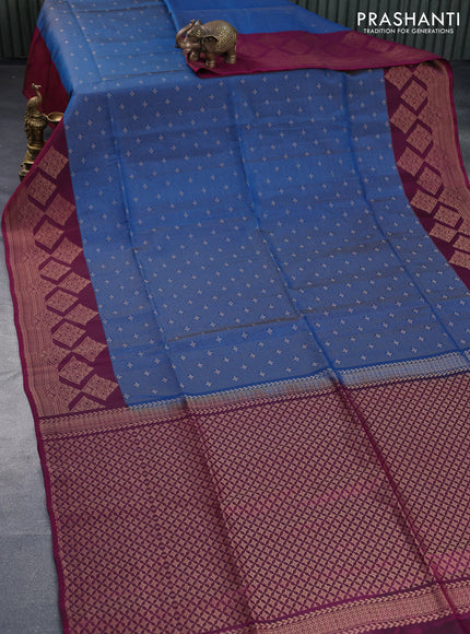 Kanchipuram soft silk saree cs blue and dark magenta pink with allover zari weaves and zari woven border