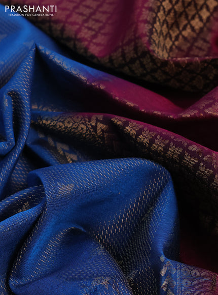 Kanchipuram soft silk saree cs blue and dark magenta pink with allover zari weaves and zari woven border