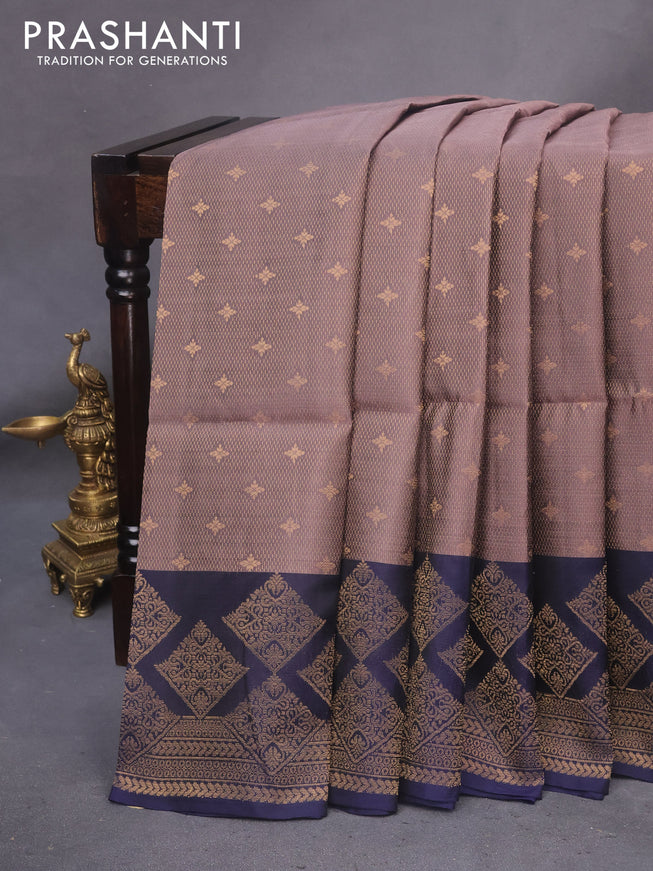 Kanchipuram soft silk saree brown shade and navy blue with allover zari weaves and zari woven border