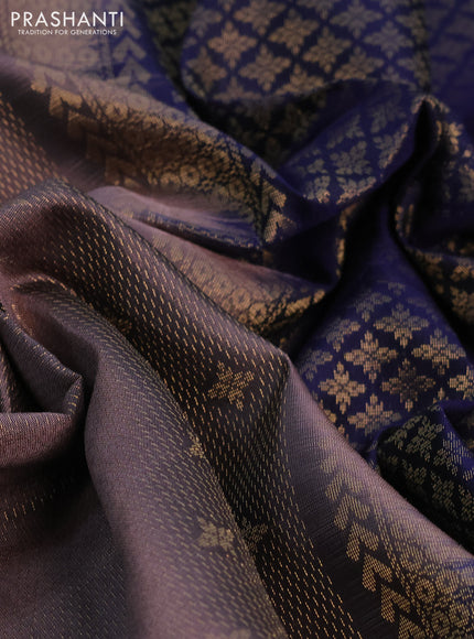 Kanchipuram soft silk saree brown shade and navy blue with allover zari weaves and zari woven border